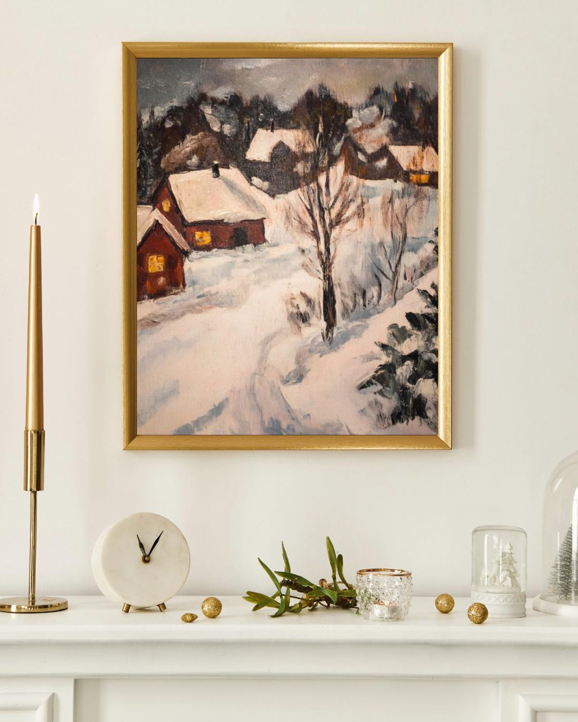 Neutral Antique Winter Oil Painting Snow Covered Village Impressionistic Vintage Landscape Swedish Houses Moody Winter Painting - Image 4