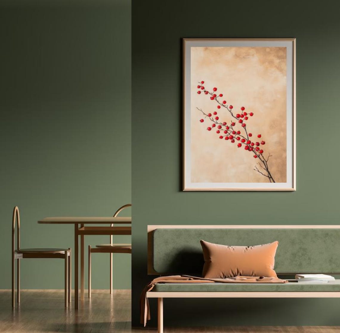 Red Winter Berry Branch Botanical Study Beige Background Art Print - Image 2