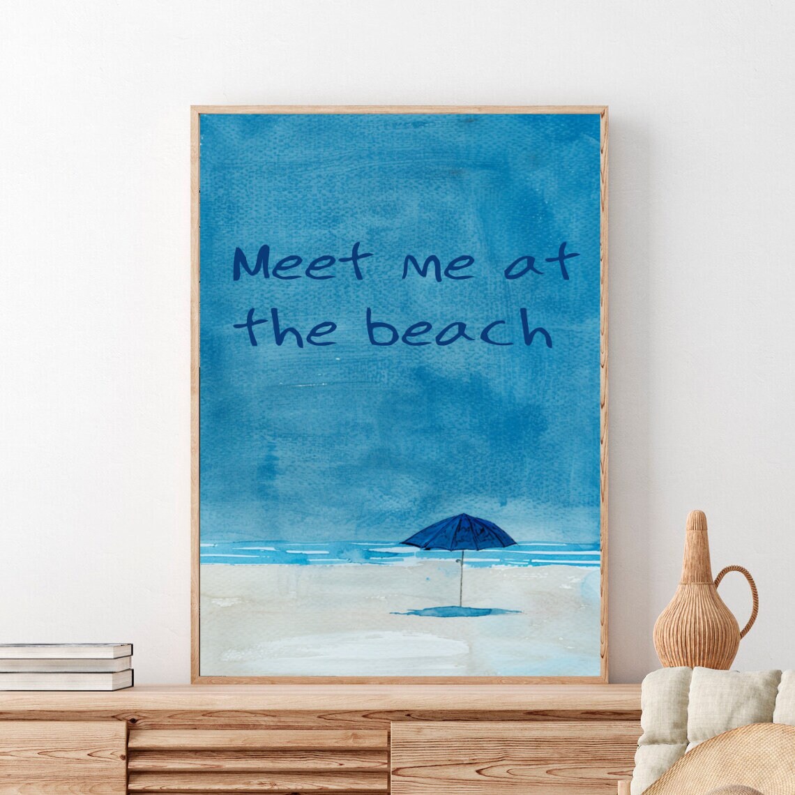 Meet Me At The Beach Blue Watercolor Art Umbrella Quote Poster - Image 4