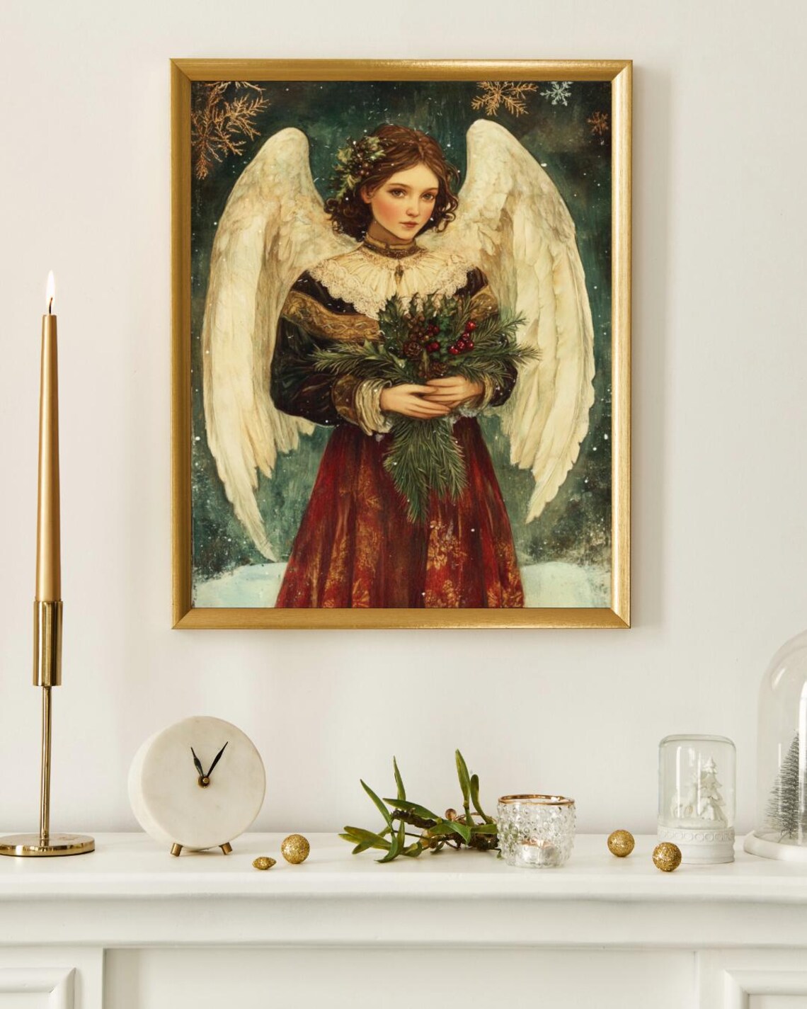 Vintage Christmas Angel White Wings Holly Berries Holiday Poster - Image 4