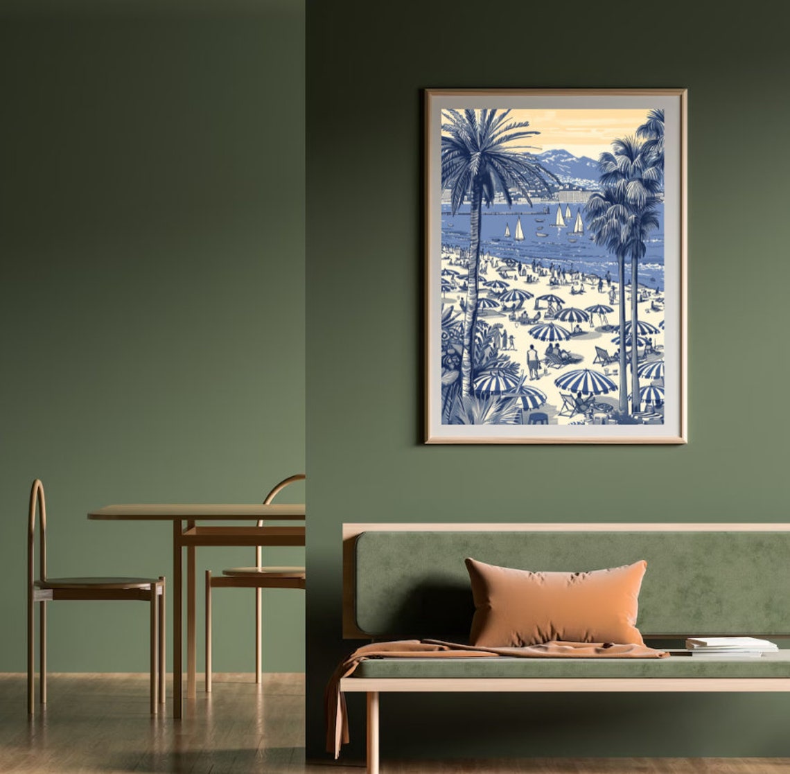 Blue Tone French Riviera Beach Palms Sailboats Coastal Scene Poster - Image 5