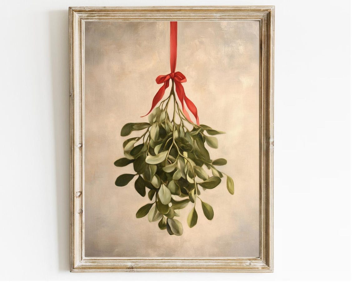 Mistletoe Bunch Red Ribbon Beige Botanical Christmas Art Print