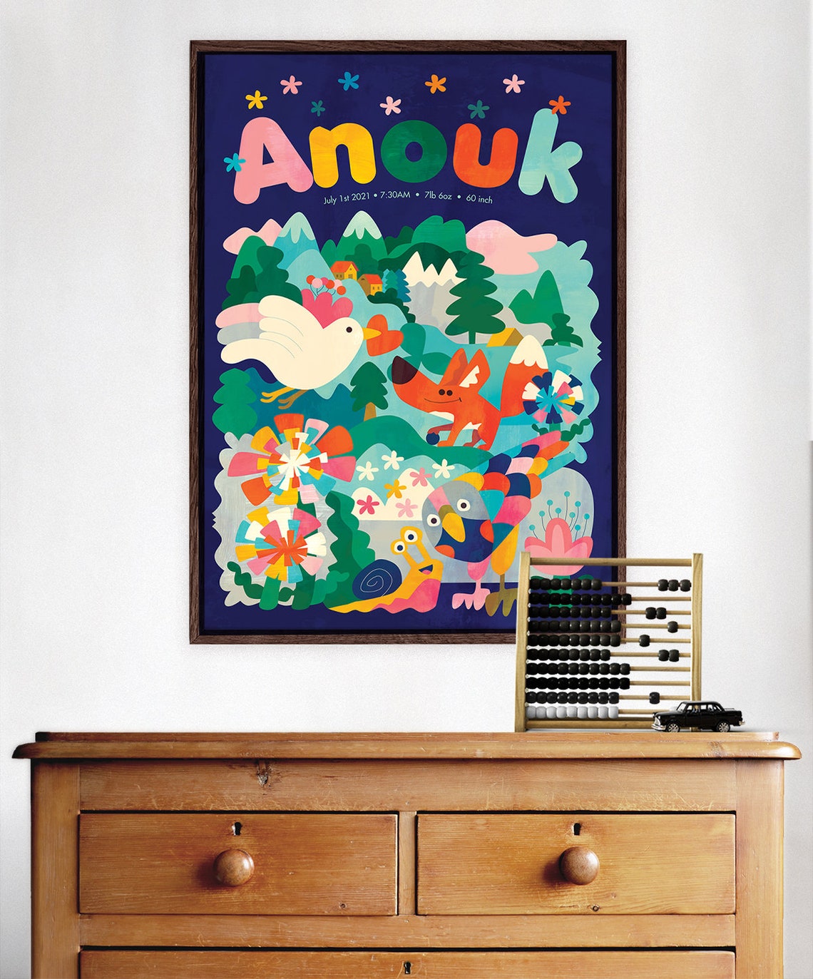 Personalized Anouk Kids Name Birth Stats Woodland Animals Navy Poster - Image 3