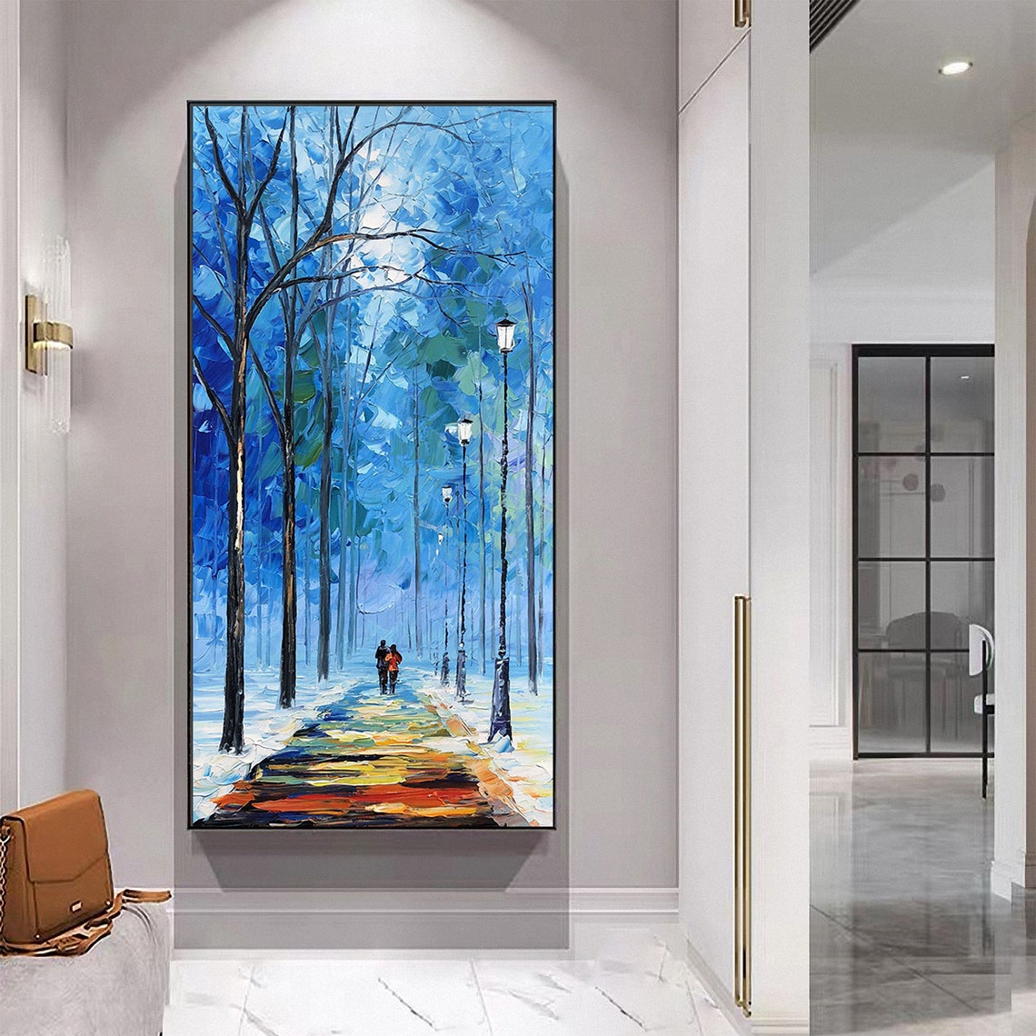 Hand Painted Couples Painting Art Blue Wall Art Landscape Oil Painting For Living Room Wall Decor Palette Knife Art Painting Spiritual Art - Image 4