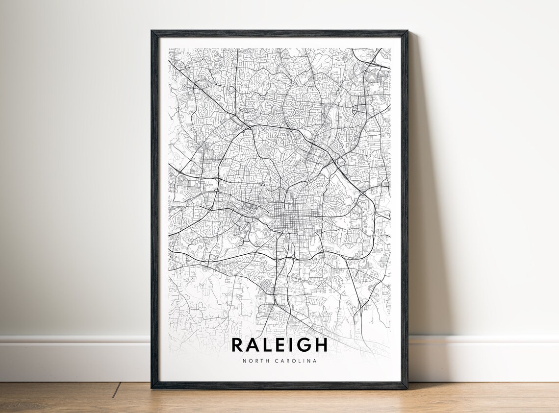 Raleigh North Carolina Minimalist Black and White Map Art Poster