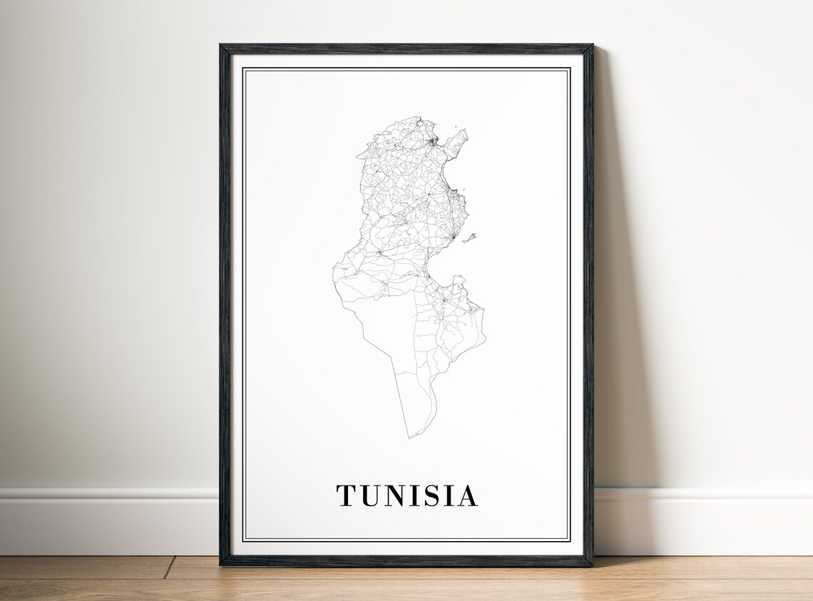 Tunisia Country Minimalist Black And White Outline Map Line Art Poster