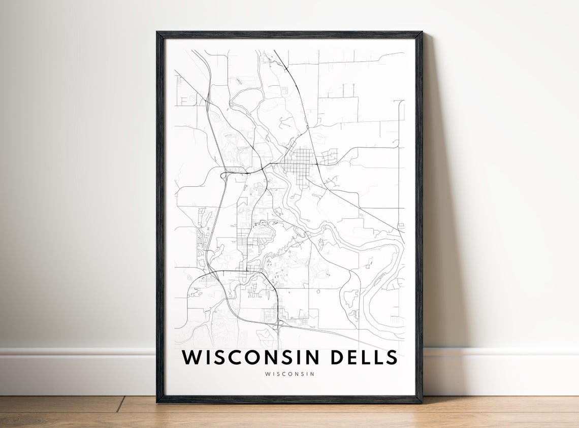 Wisconsin Dells Wisconsin Black and White Minimalist City Map Poster