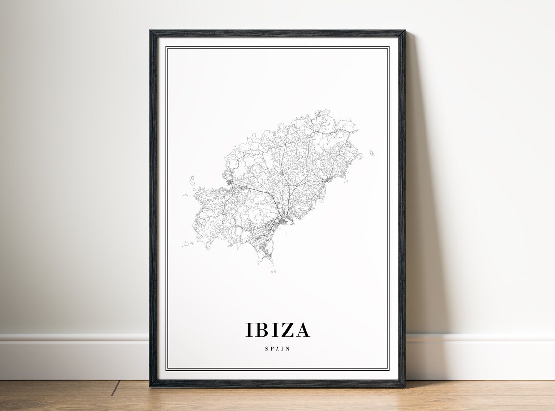 Ibiza Spain Map Poster, Black and White Travel Print