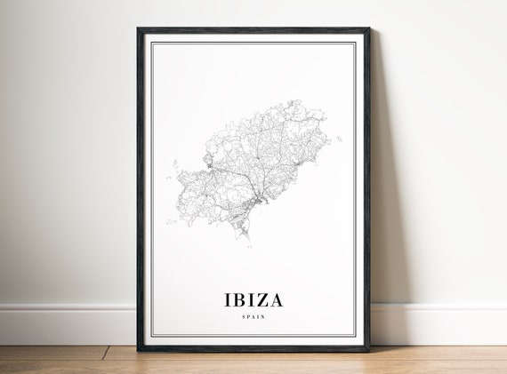Ibiza Spain Map Poster, Black and White Travel Print