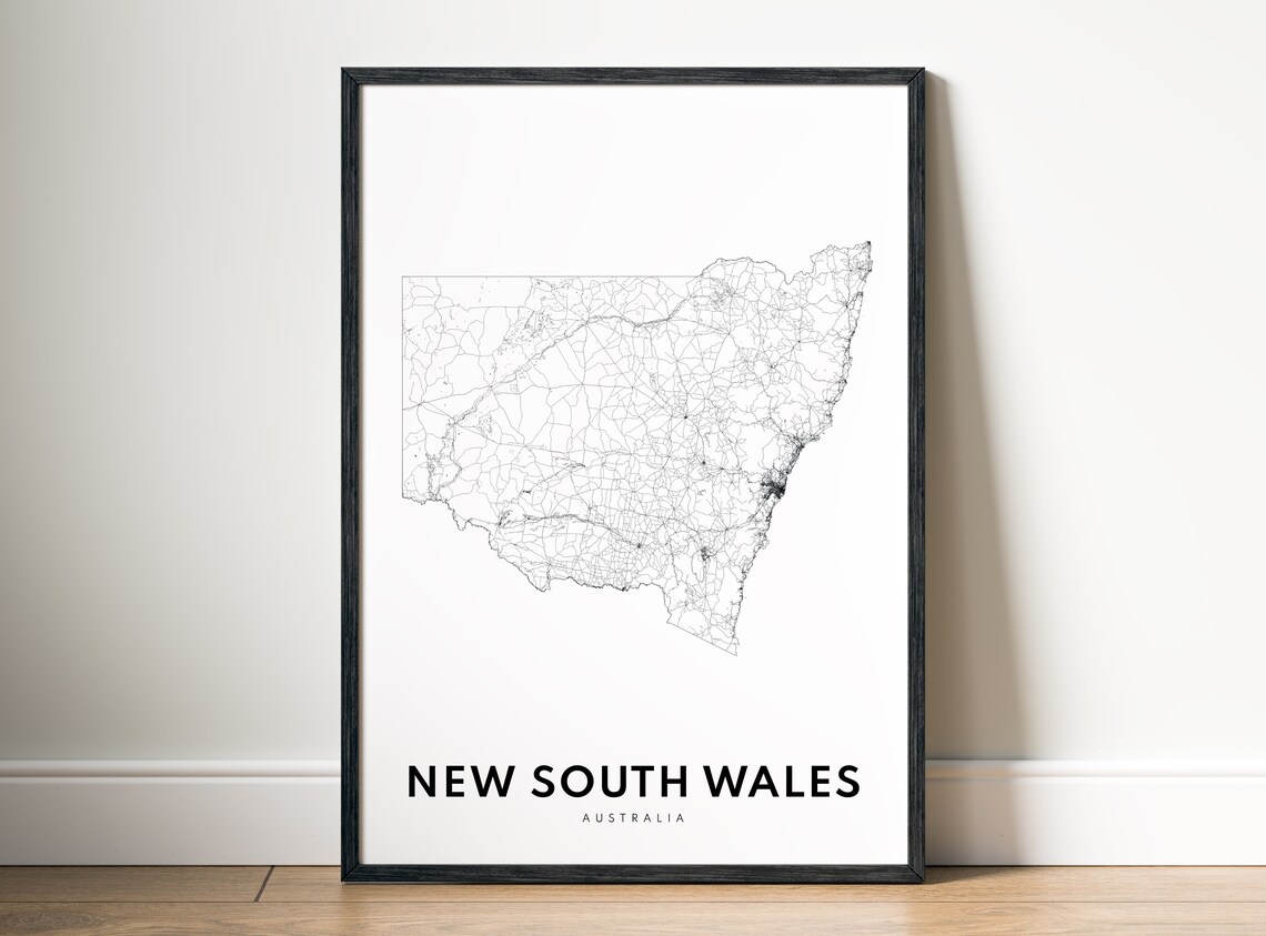 New South Wales Australia Road Map Black White Line Art Outline Poster - Image 5