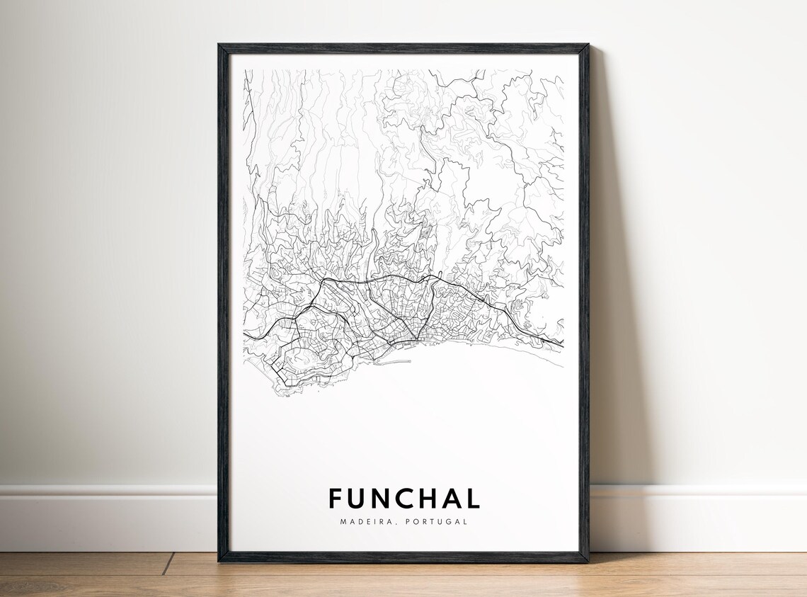 Funchal Madeira Portugal Black and White City Map Art Poster
