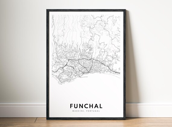 Funchal Map Print Madeira Poster Black And White Wall Art Sketch