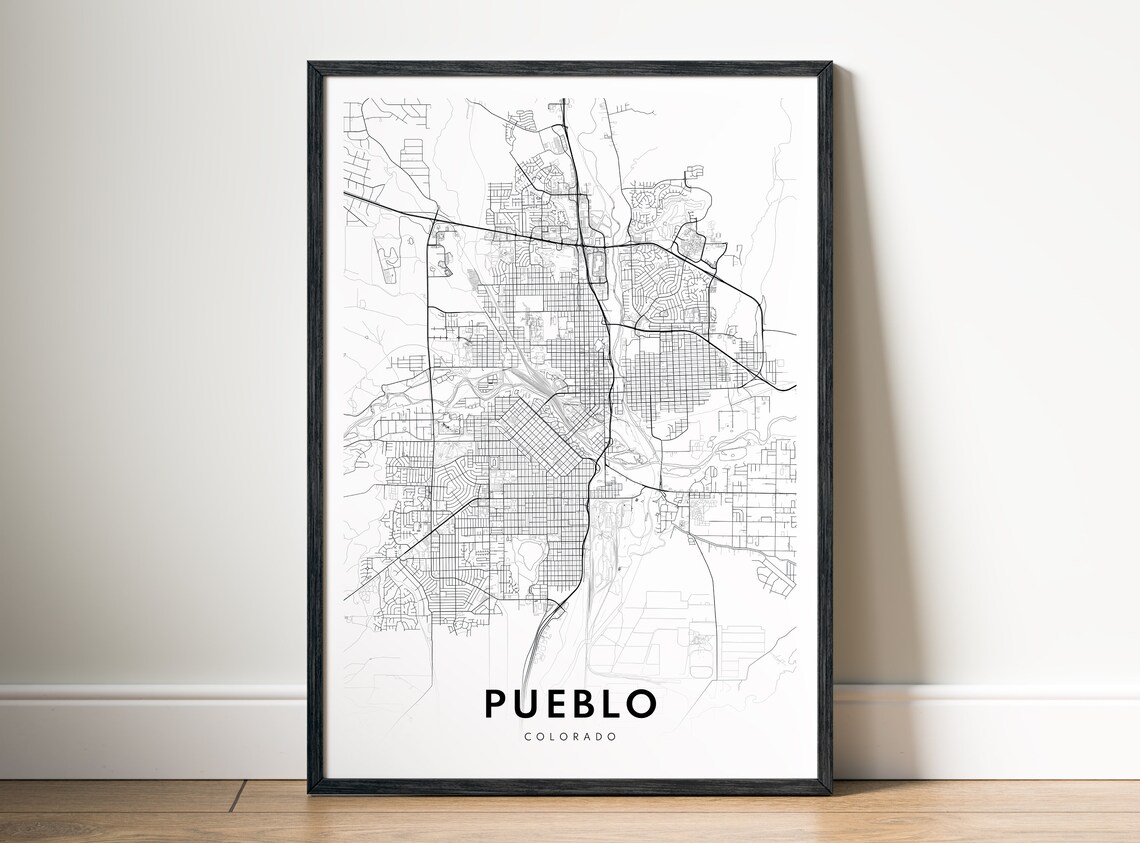 Pueblo Colorado Minimalist Black and White City Map Line Art Poster