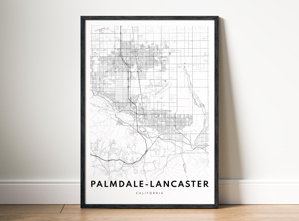 Palmdalelancaster Map Print Poster Clean Minimalist Black And White