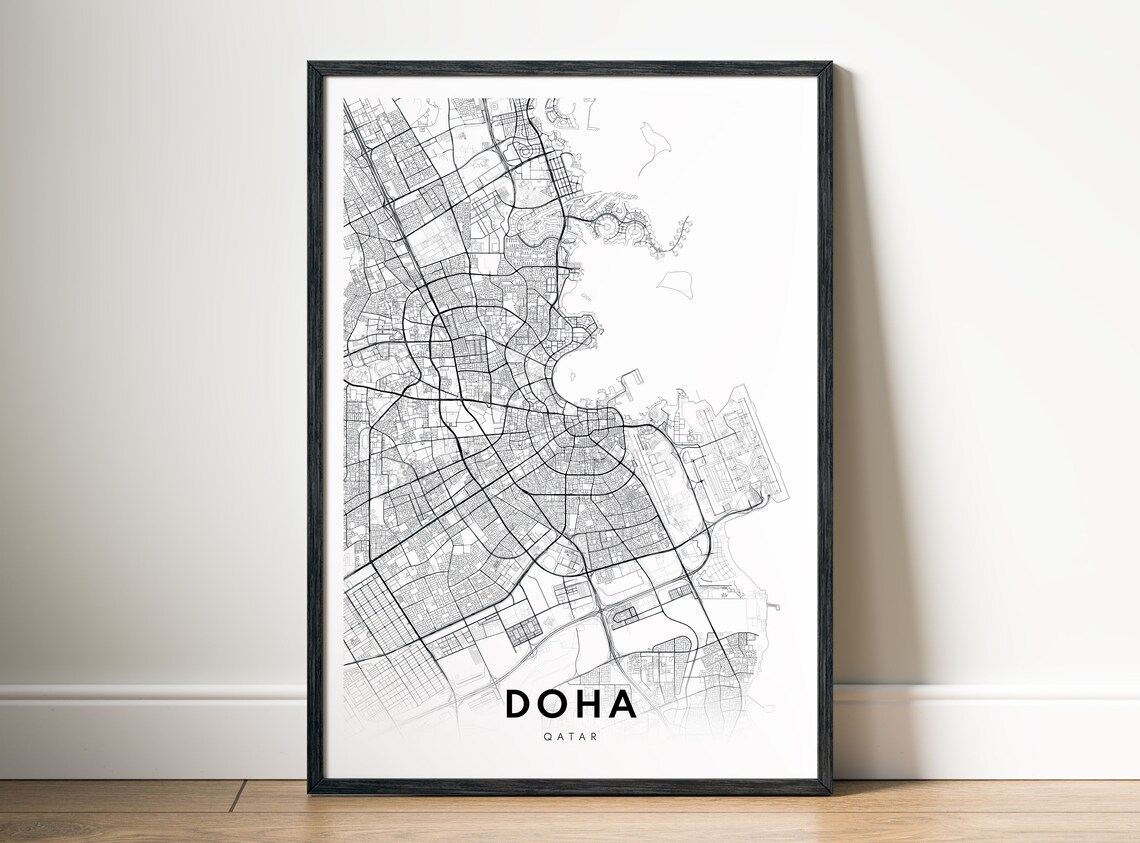 Doha Qatar Street Map Black and White City Line Art Minimalist Poster