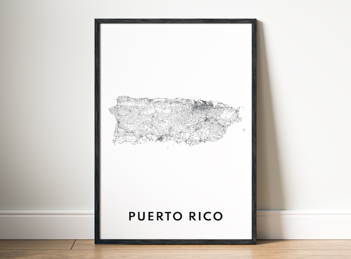 Puerto Rico Black and White Road Map Island Outline Detail Poster - Image 5