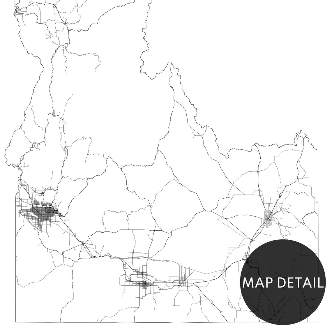 Idaho State Detailed Road Map Minimalist Black White Art Poster - Image 2