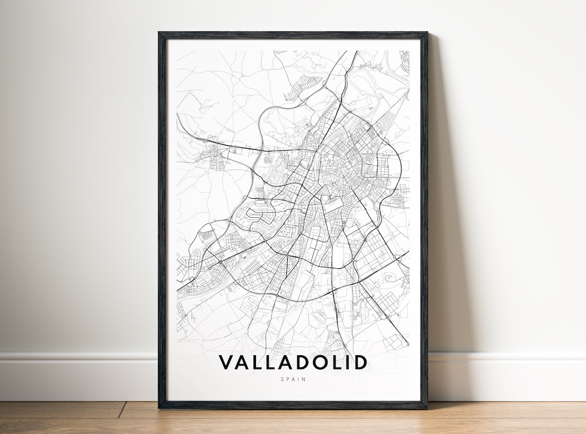 Valladolid Spain City Street Map Minimalist Line Art Black White Print