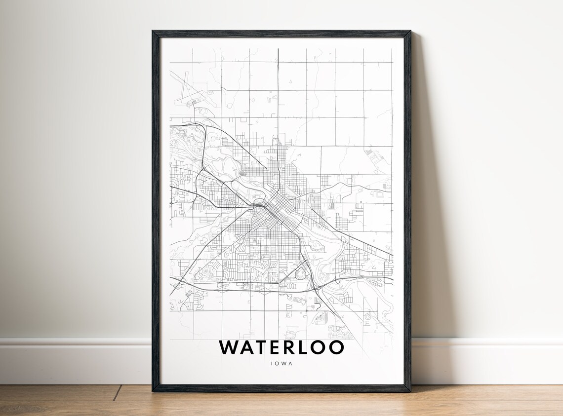 Waterloo Iowa Black And White Classic City Street Map Art Poster