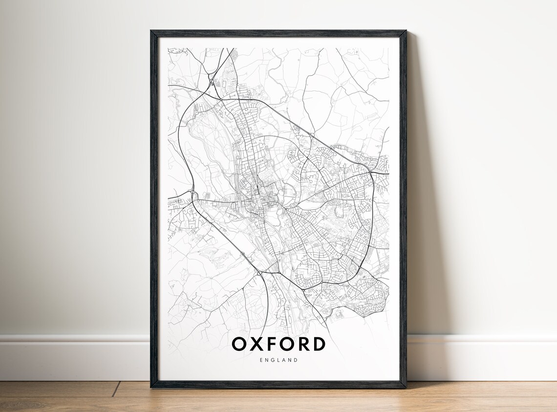 Oxford England Minimalist Line Art City Map Black White Wall Art