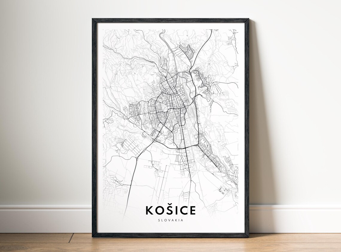 Koice Map Print Slovakia Poster Black And White Wall Art Sketch