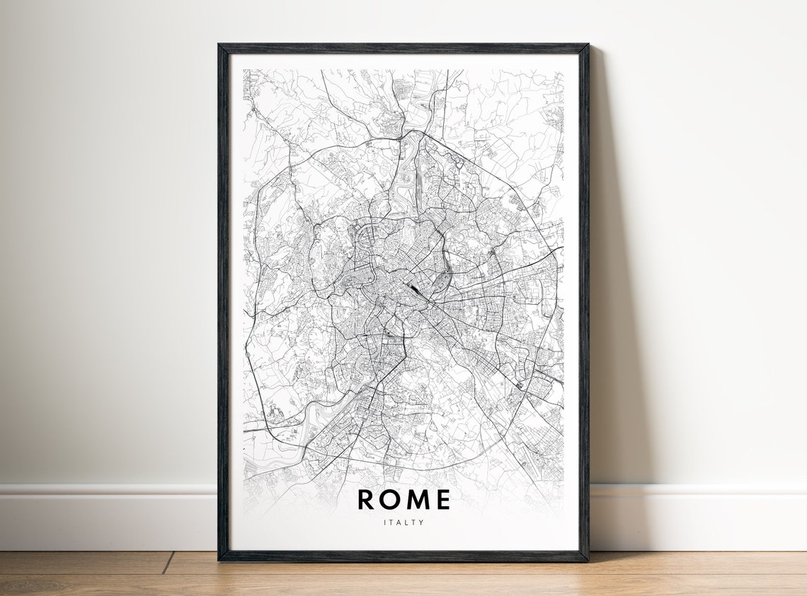 Rome Italy Minimalist Black and White City Street Map Poster