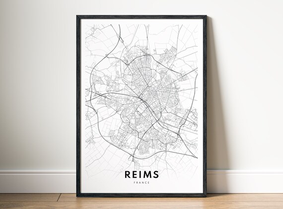 Reims Map Print France Poster Black And White Wallart Sketch