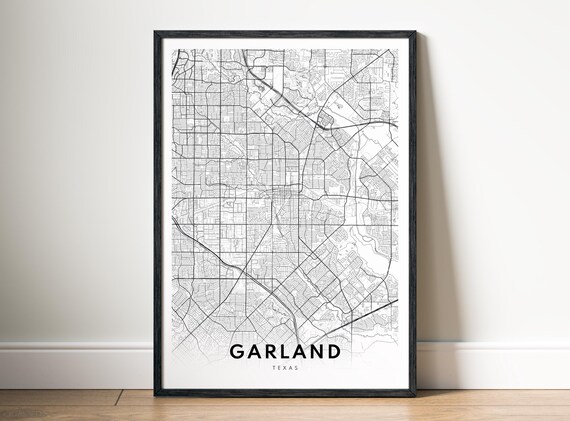 Garland Tx Map Print Texas Poster Cityblack And White Wall Art