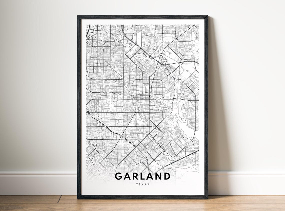 Garland Texas Minimalist Black And White Dallas Area City Map Poster