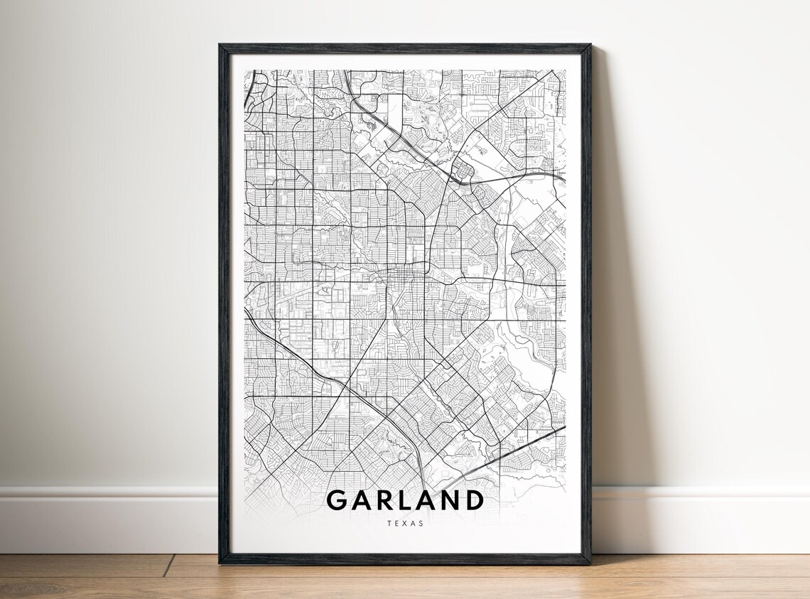 Garland Tx Map Print Texas Poster Cityblack And White Wall Art
