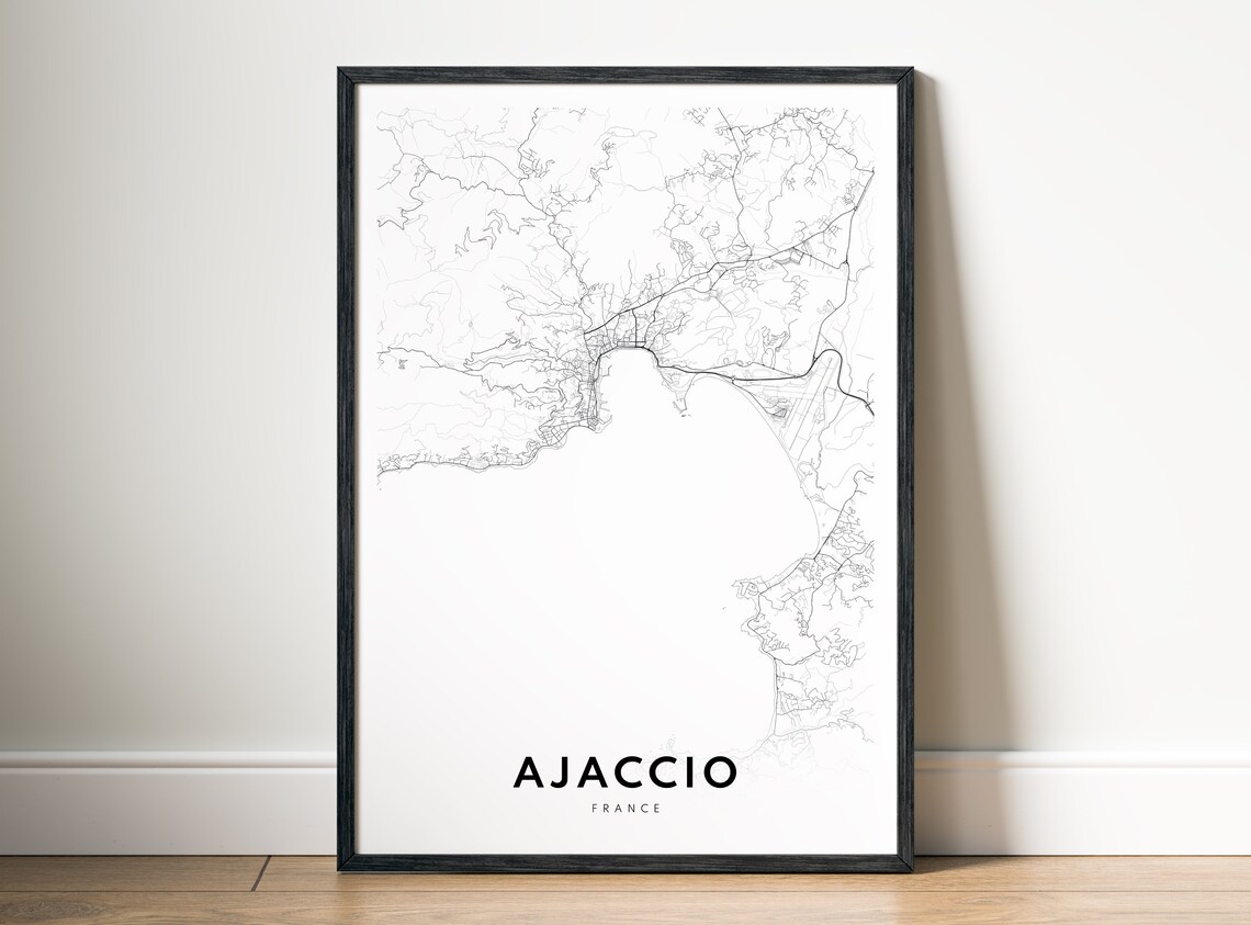 Ajaccio France Corsica Bay City Map Minimalist Black White Poster