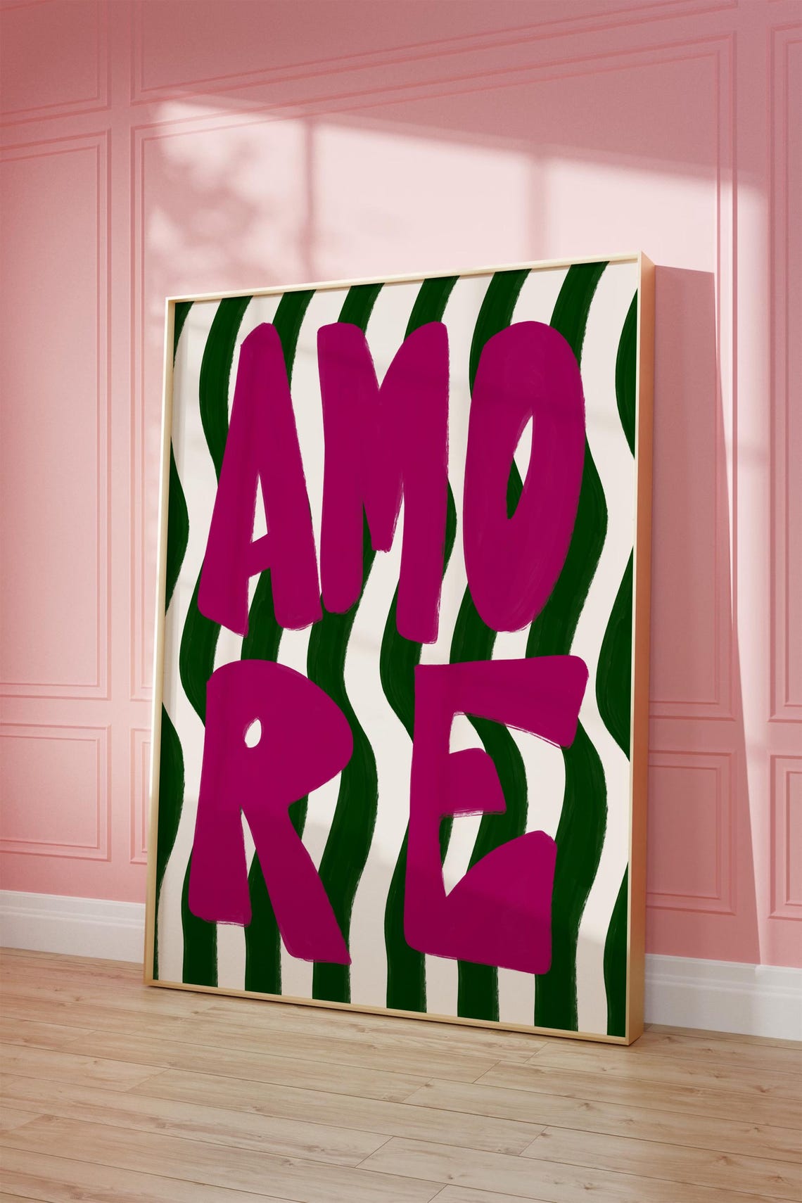 Amore Hot Pink Bold Letters on Green Wavy Stripe Typography Poster - Image 2