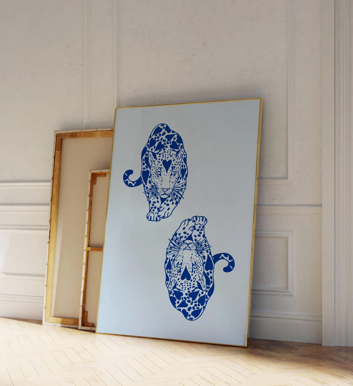 Cobalt Blue Leopard Pair Yin Yang Hand Drawn Animal Art Poster - Image 3