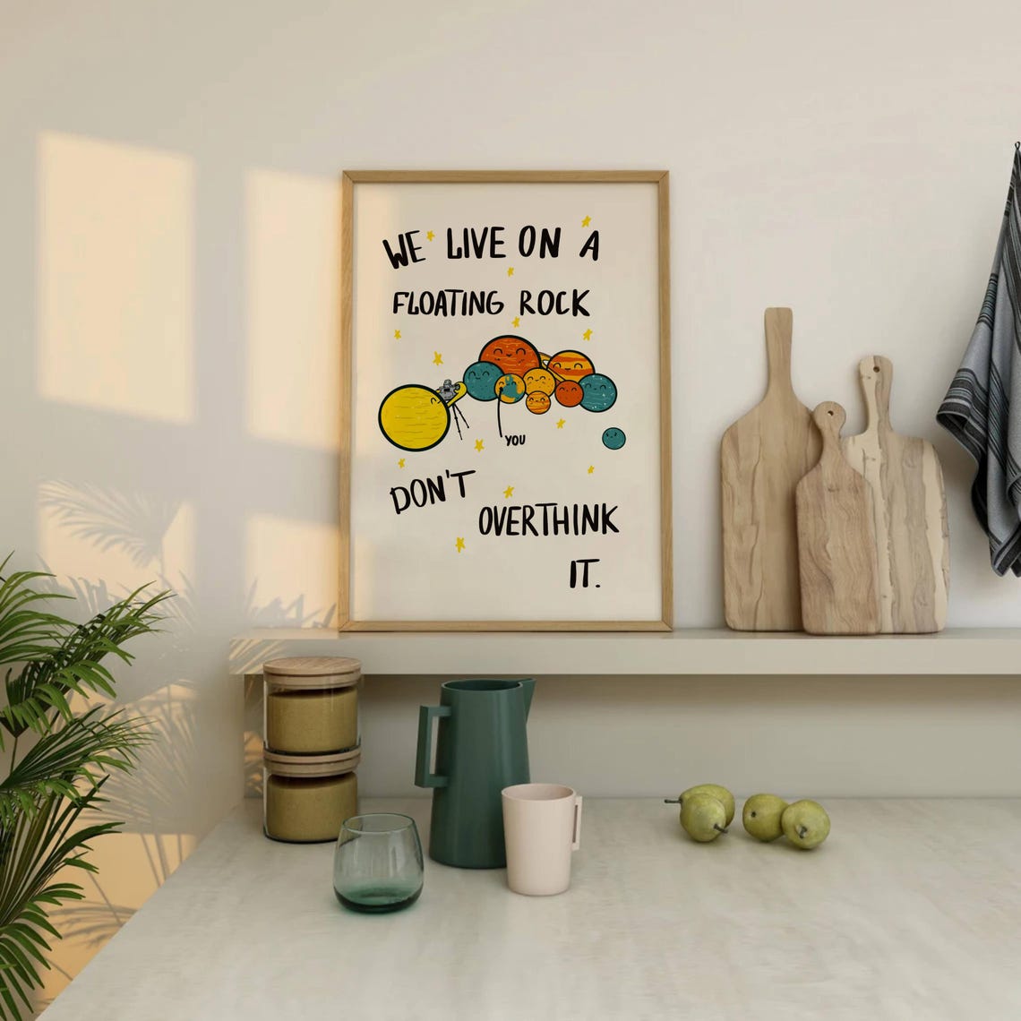 Don't Overthink It Floating Rock Cute Planets Quote Space Poster - Image 2
