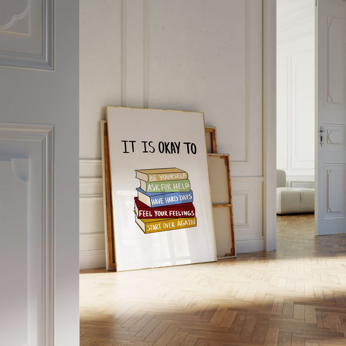 It Is Okay To Be Yourself Colorful Stacked Books Affirmation Poster - Image 2