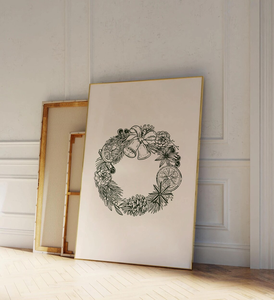 Green Ink Christmas Wreath Detailed Botanical Line Art Poster - Image 2