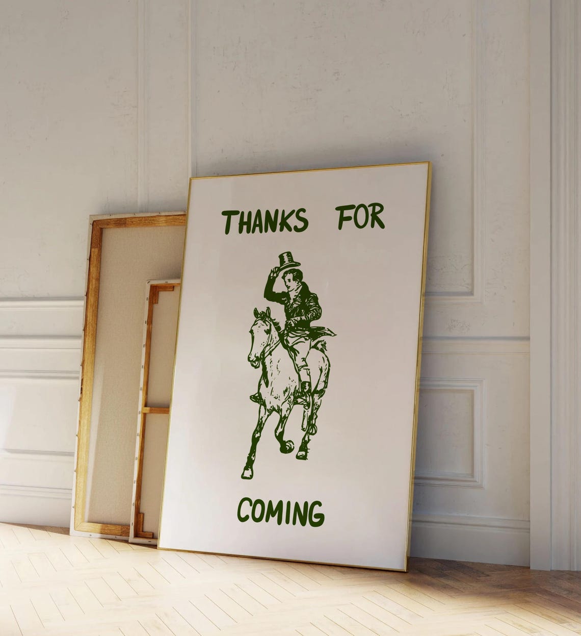 Thanks For Coming Green Vintage Horse Rider Etching Quote Poster - Image 2