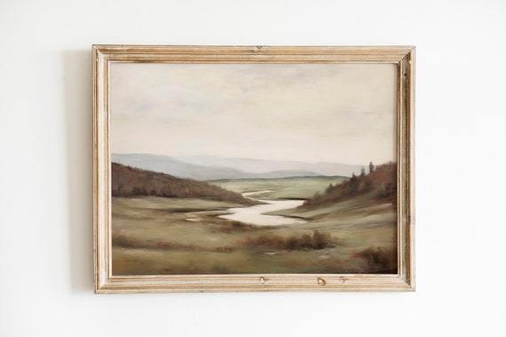 Vintage Rustic Lake Landscape Painting Wall Art Print Printable Moody Wall Art Muted Landscape Nature Wall Art