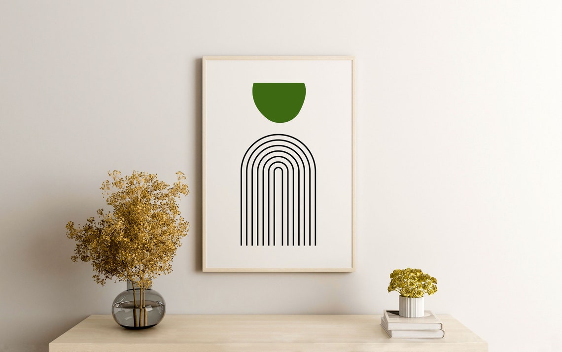 Minimalist Boho Rainbow Arch Line Art With Green Sun Modern Print - Image 2