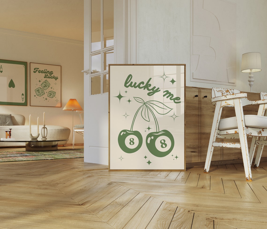 Lucky Me Cherry 8 Ball Retro Green Trendy Aesthetic Art Poster - Image 3