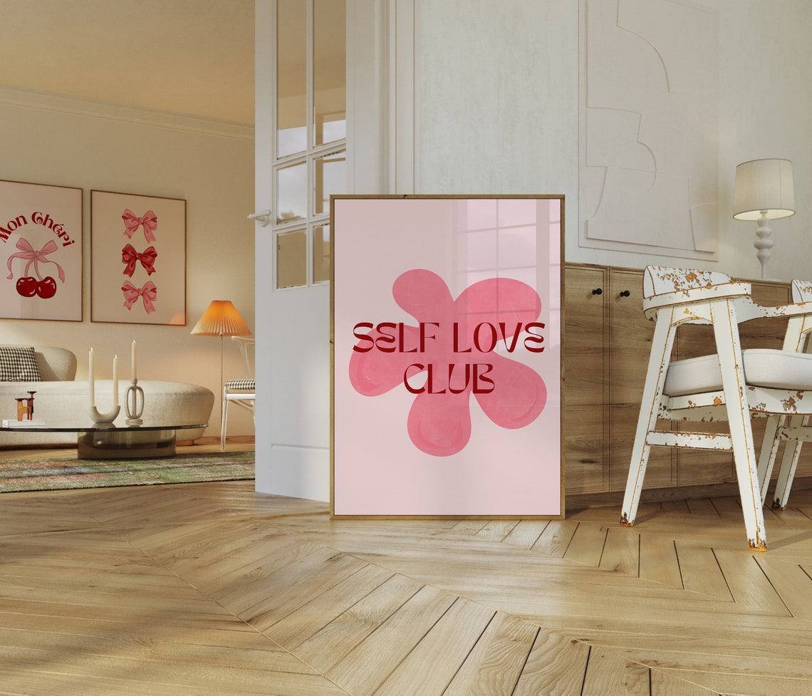 Self Love Club Pink Flower Retro Motivational Quote Typography Poster - Image 3