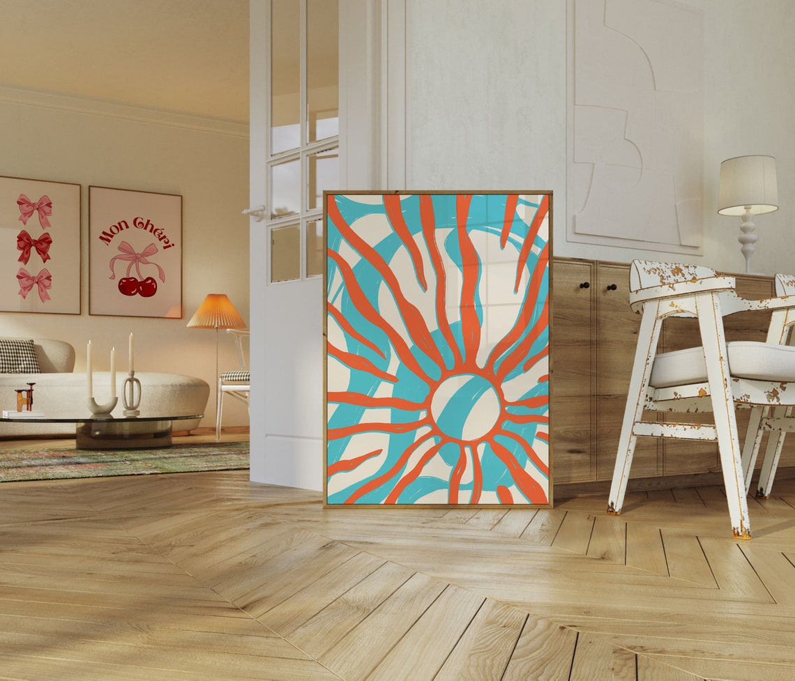 Coral Sun Over Teal Waves Bold Abstract Modern Nursery Poster - Image 2