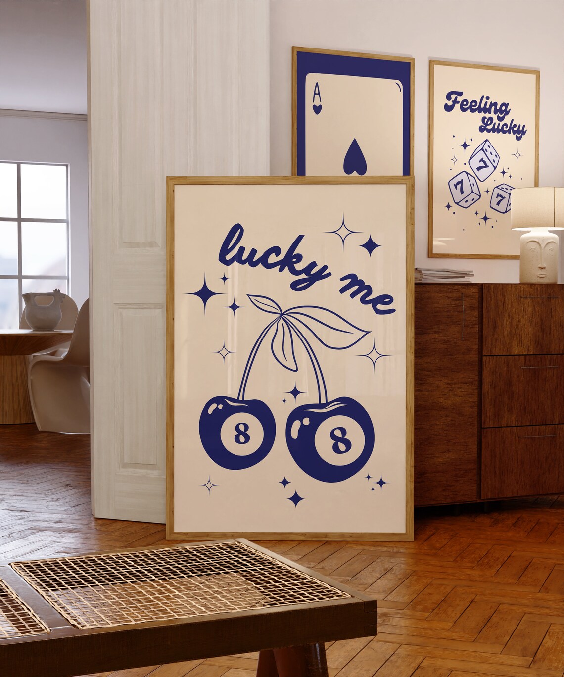 Lucky Me Navy Cherry Eight Ball Retro Trendy Decorative Quote Poster - Image 4