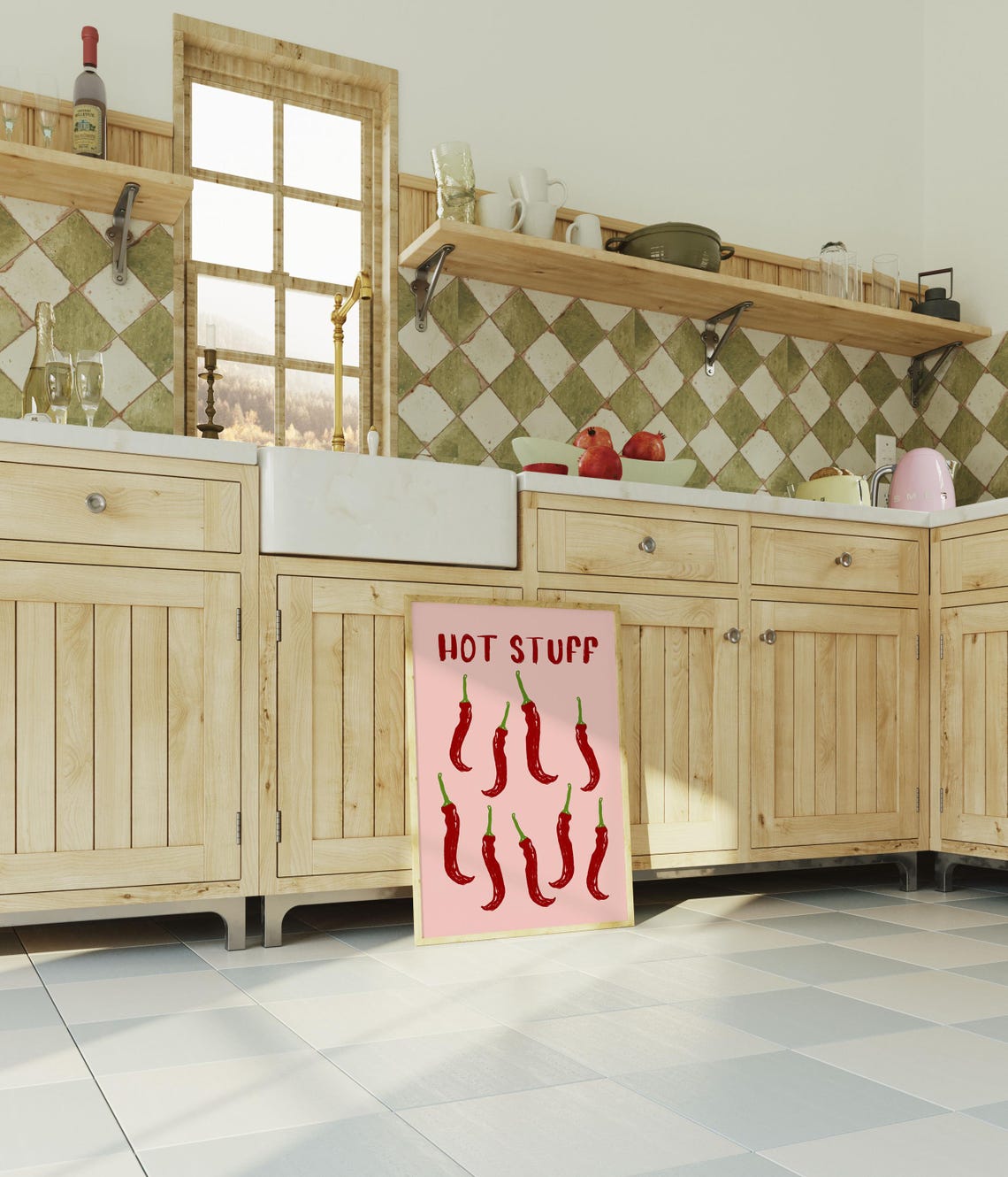 Hot Stuff Red Chili Peppers Sketch Retro Pink Kitchen Poster - Image 3