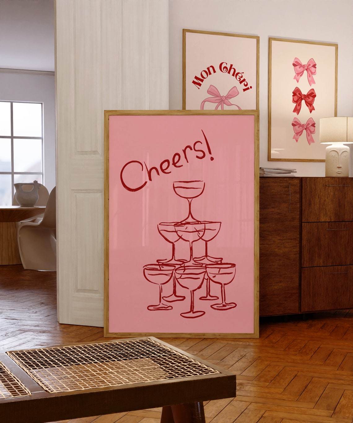 Cheers Coupe Champagne Glass Tower Pink Retro Bar Cart Wall Art - Image 3