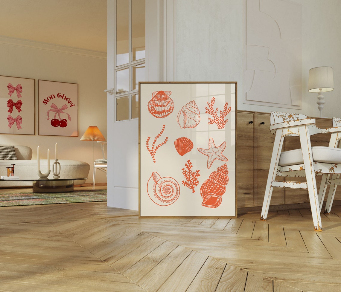 Orange Seashell and Coral Line Art Coastal Beach Decor Poster - Image 3