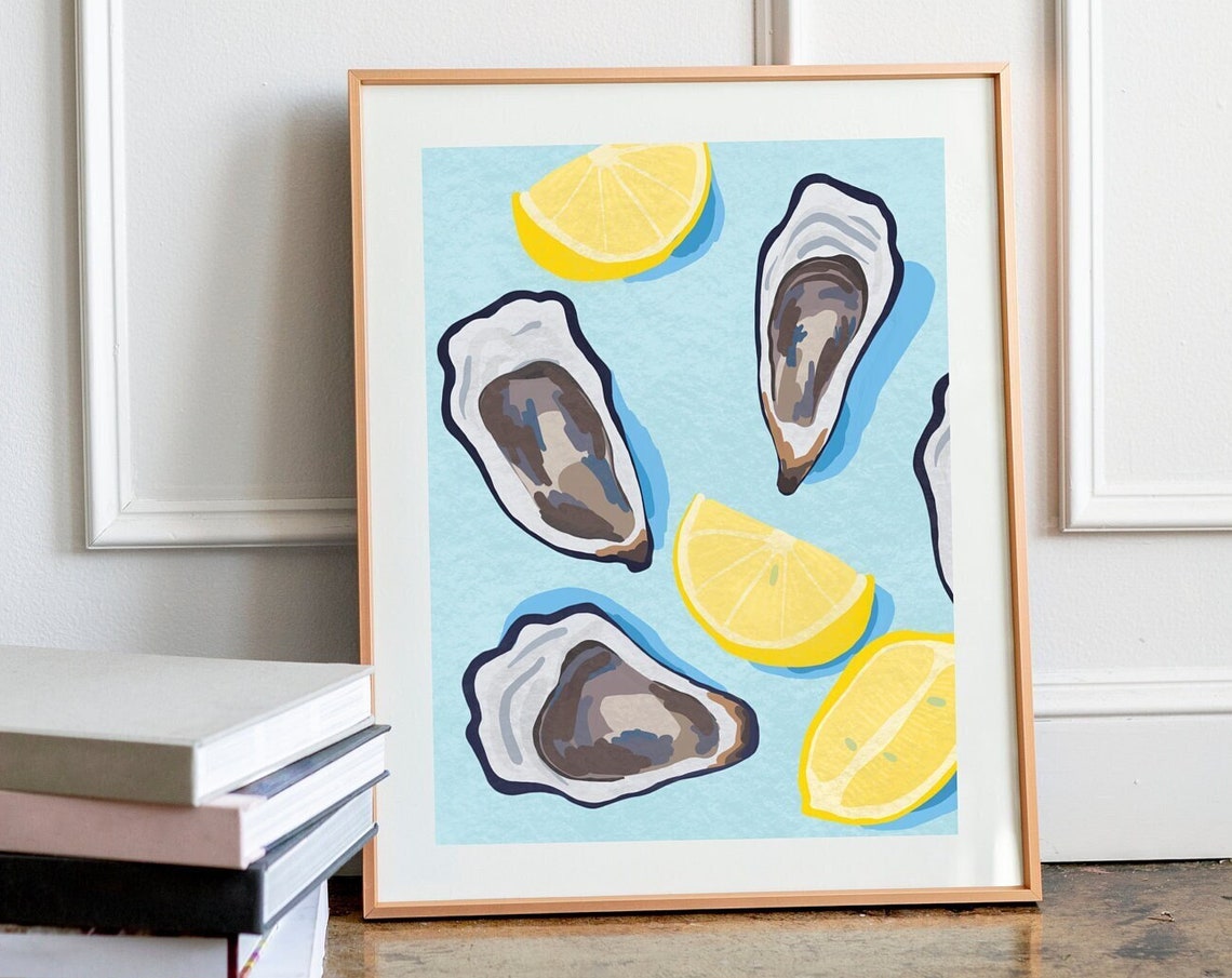 Oysters And Lemons Coastal Wall Art Blue Summer Seafood Kitchen Print - Image 2