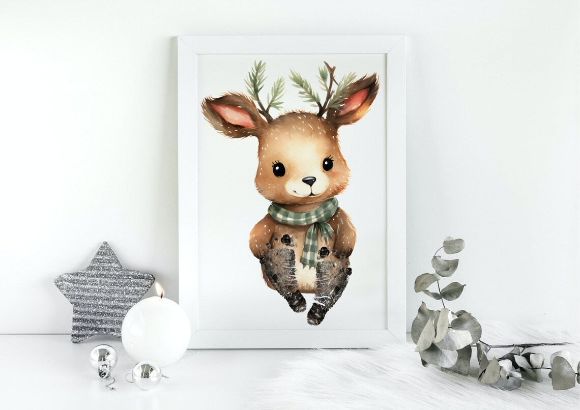 Cute Winter Deer With Green Scarf Baby Footprint Keepsake Poster - Image 3
