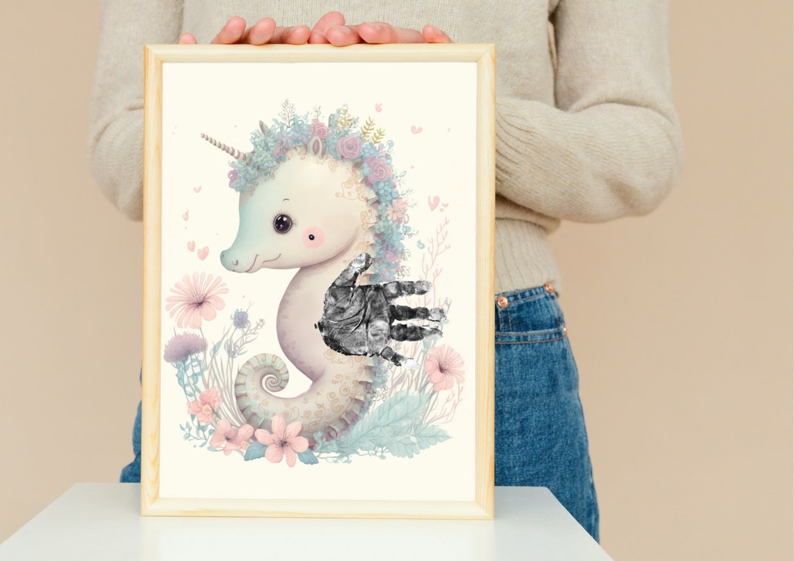 Unicorn Seahorse With Flower Crown Handprint Keepsake Poster - Image 4