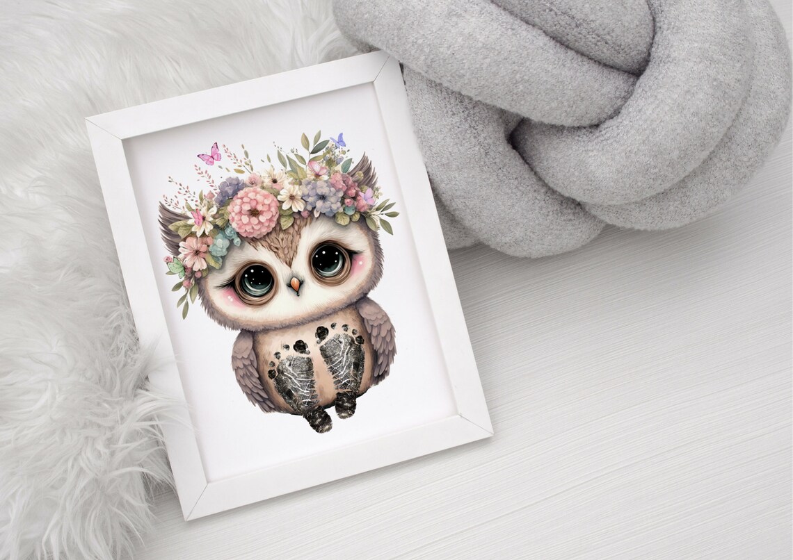 Owl With Flower Crown And Butterflies Footprint Keepsake Poster - Image 2